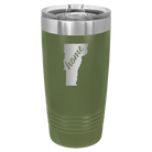 Laser etched olive green 20 oz vacuum insulated tumbler with 'Vermont Home' design