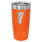 Laser etched orange 20 oz vacuum insulated tumbler with 'Vermont Home' design