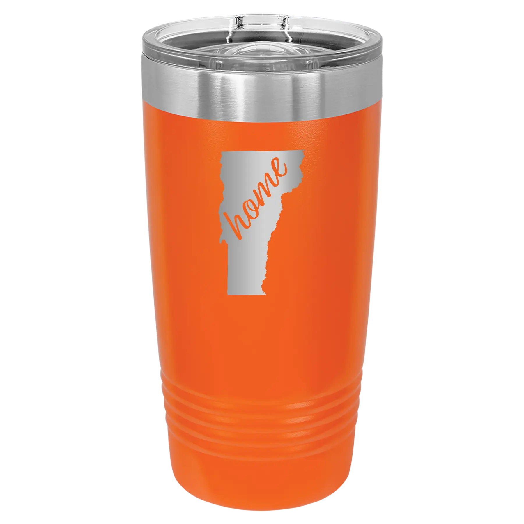 Laser etched orange 20 oz vacuum insulated tumbler with 'Vermont Home' design