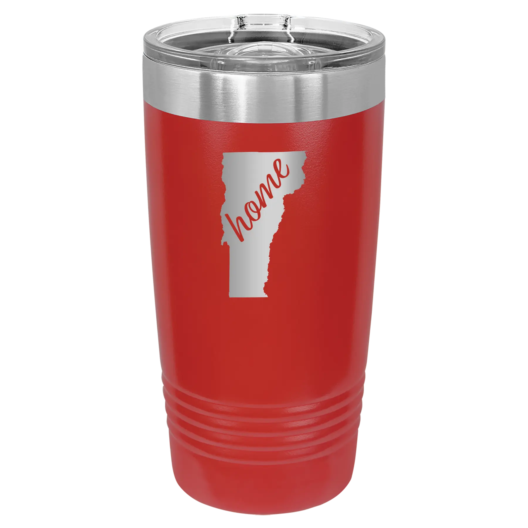 Laser etched red 20 oz vacuum insulated tumbler with 'Vermont Home' design