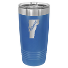 Laser etched royal blue 20 oz vacuum insulated tumbler with 'Vermont Home' design