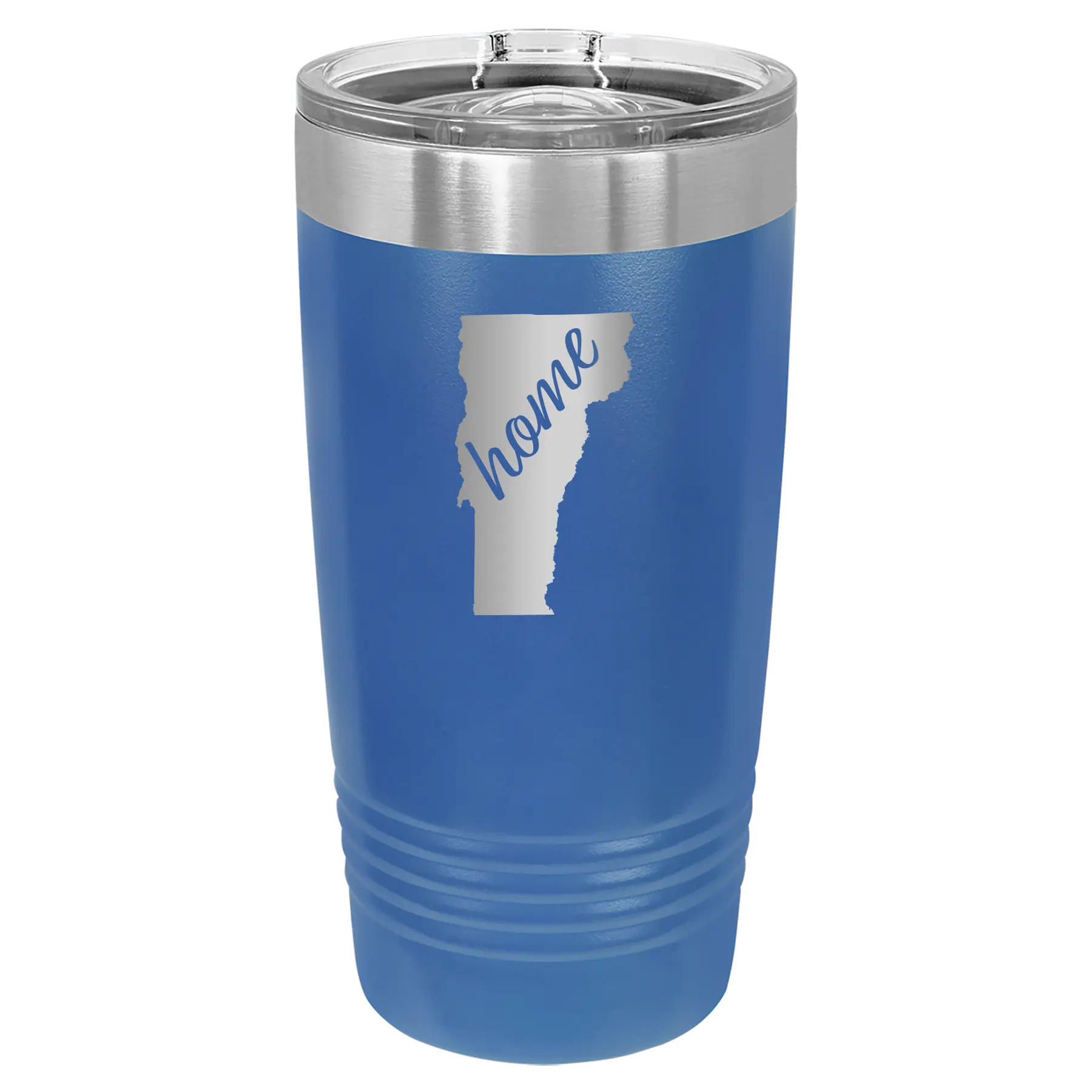 Laser etched royal blue 20 oz vacuum insulated tumbler with 'Vermont Home' design