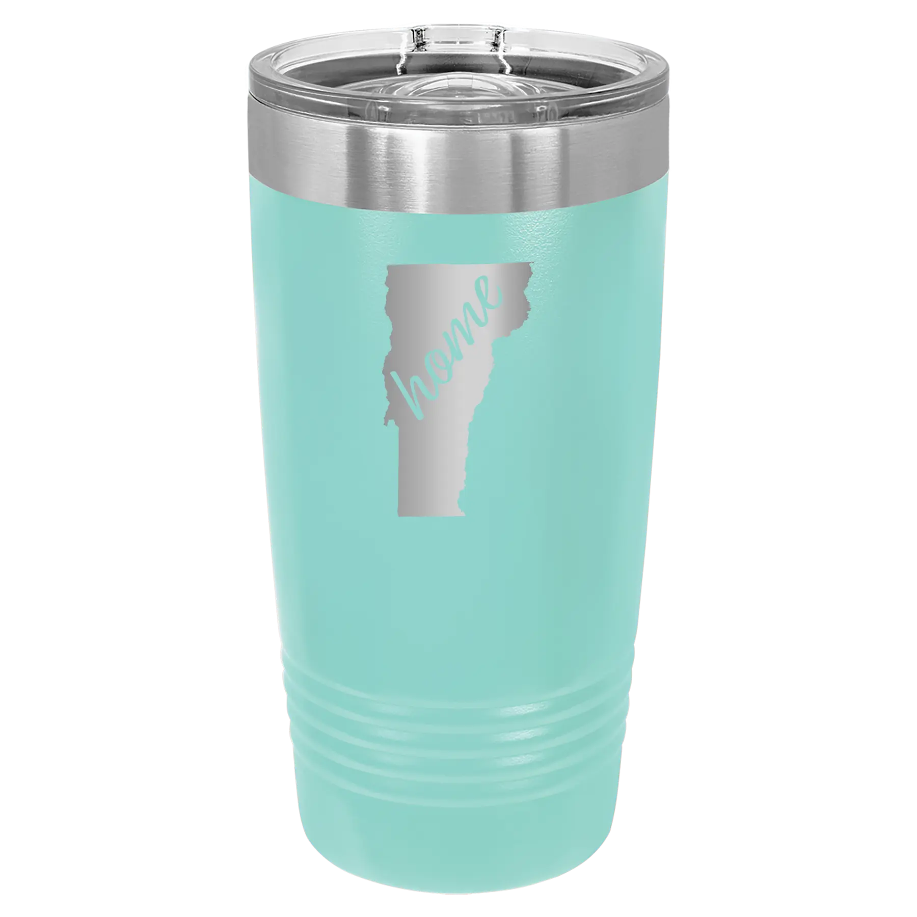 Laser etched teal 20 oz vacuum insulated tumbler with 'Vermont Home' design