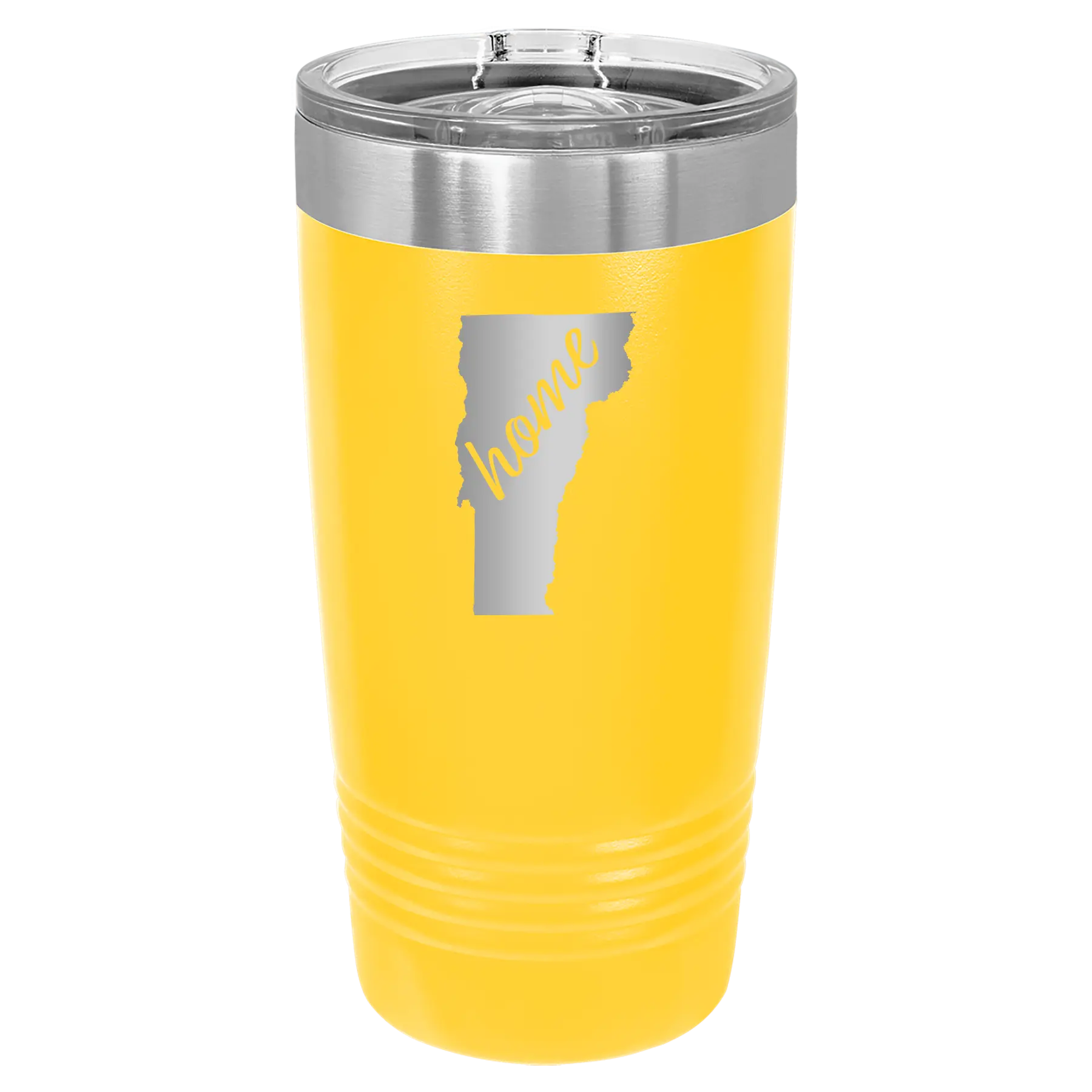 Laser etched yellow 20 oz vacuum insulated tumbler with 'Vermont Home' design