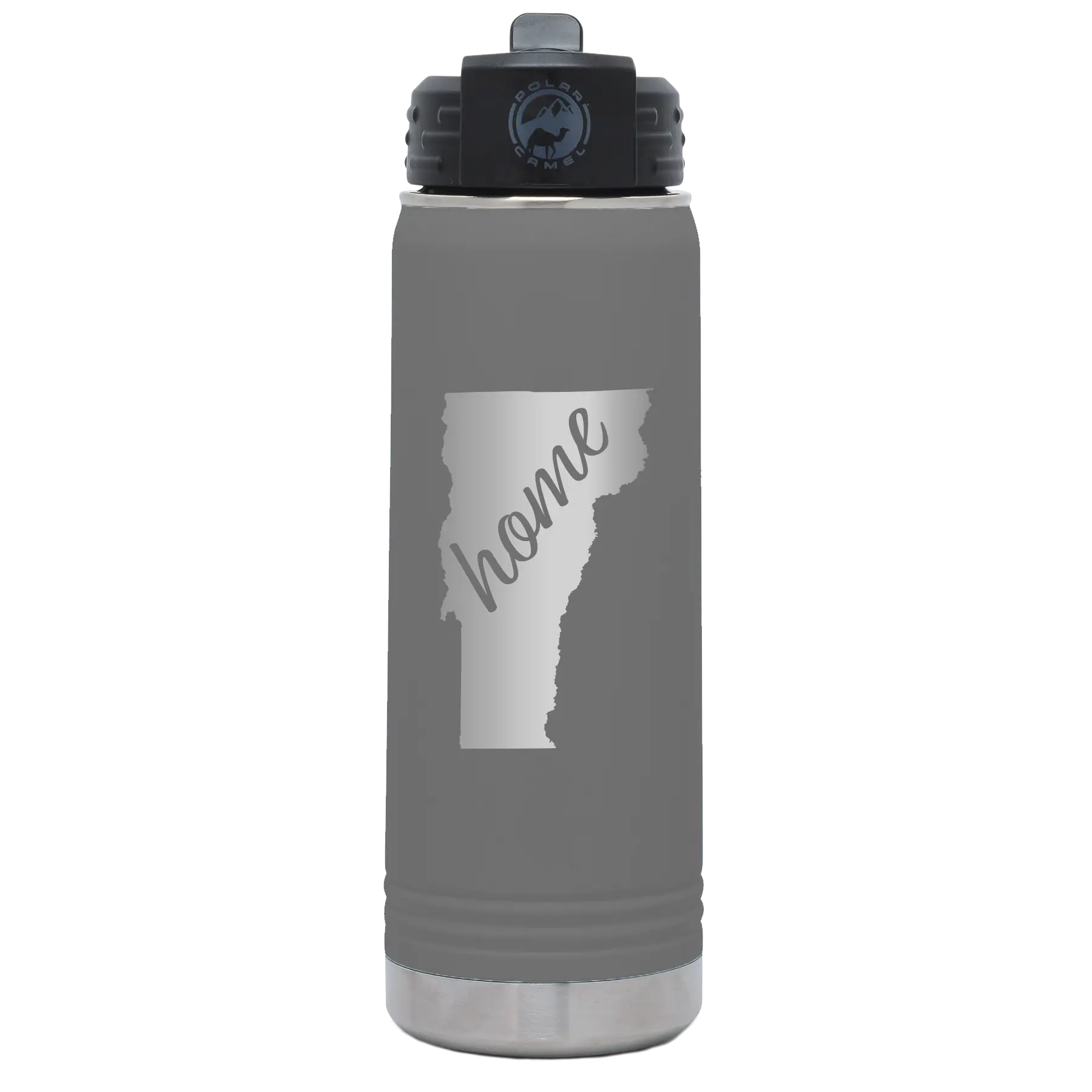 Laser etched dark gray 20 oz vacuum insulated water bottle with 'Vermont Home' design