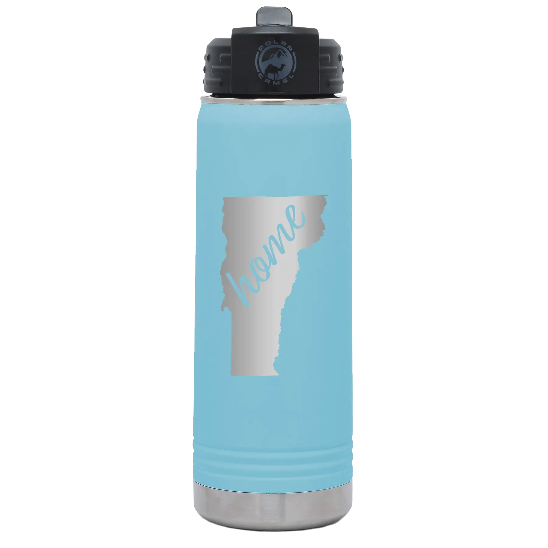 Laser etched light blue 20 oz vacuum insulated water bottle with 'Vermont Home' design