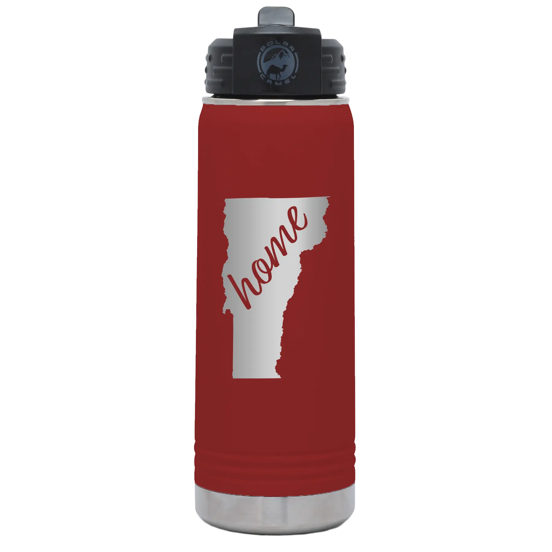 Laser etched maroon 20 oz vacuum insulated water bottle with 'Vermont Home' design
