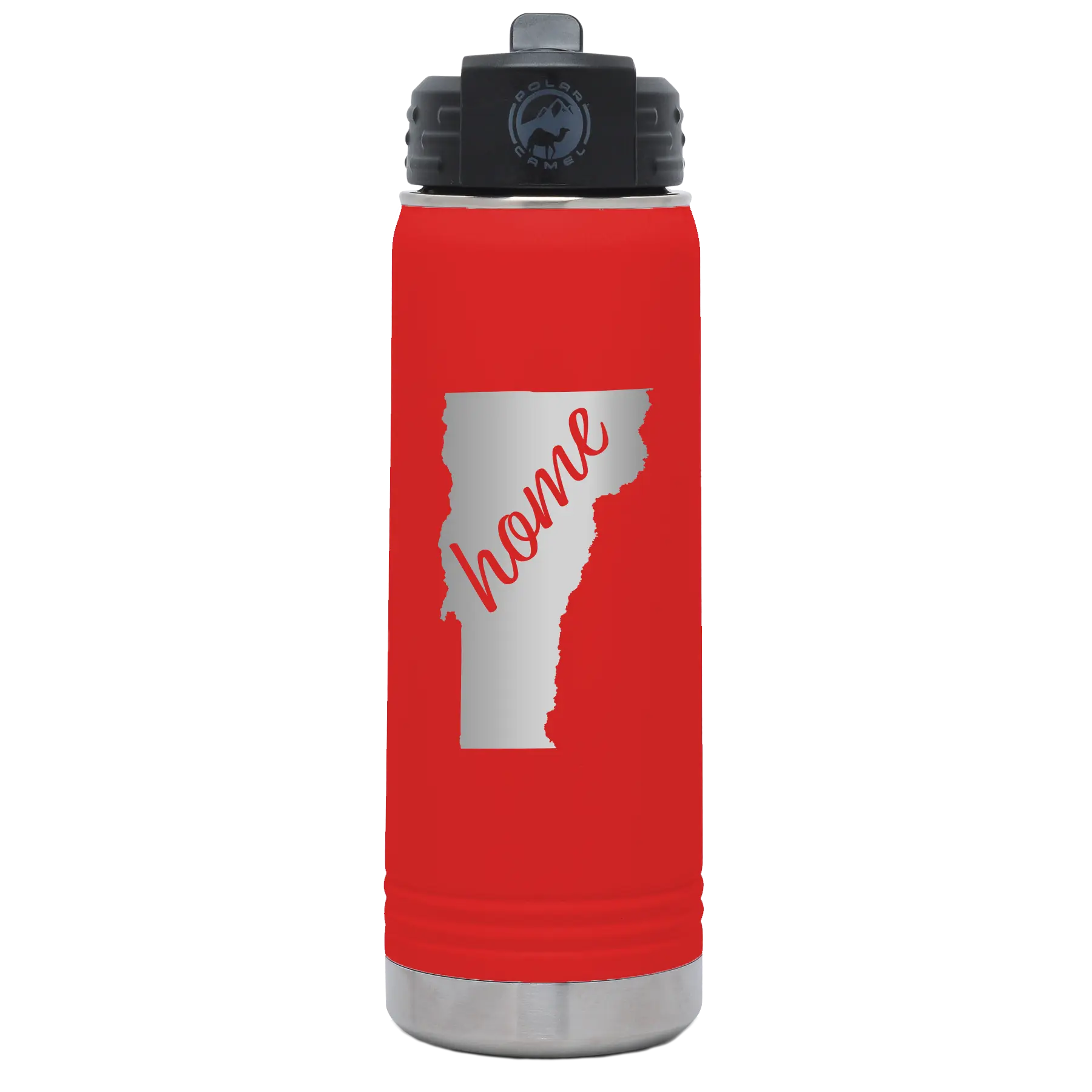 Laser etched red 20 oz vacuum insulated water bottle with 'Vermont Home' design