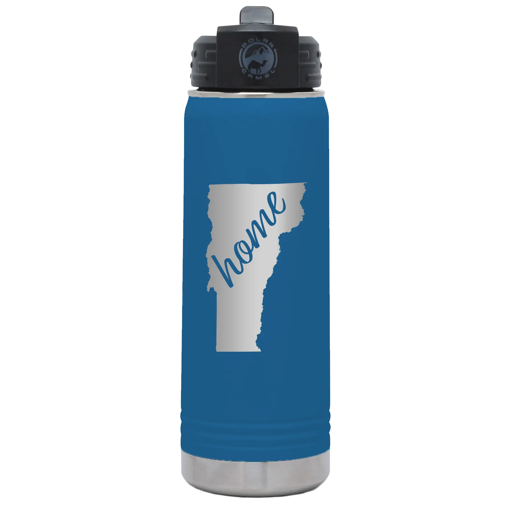 Laser etched royal blue 20 oz vacuum insulated water bottle with 'Vermont Home' design