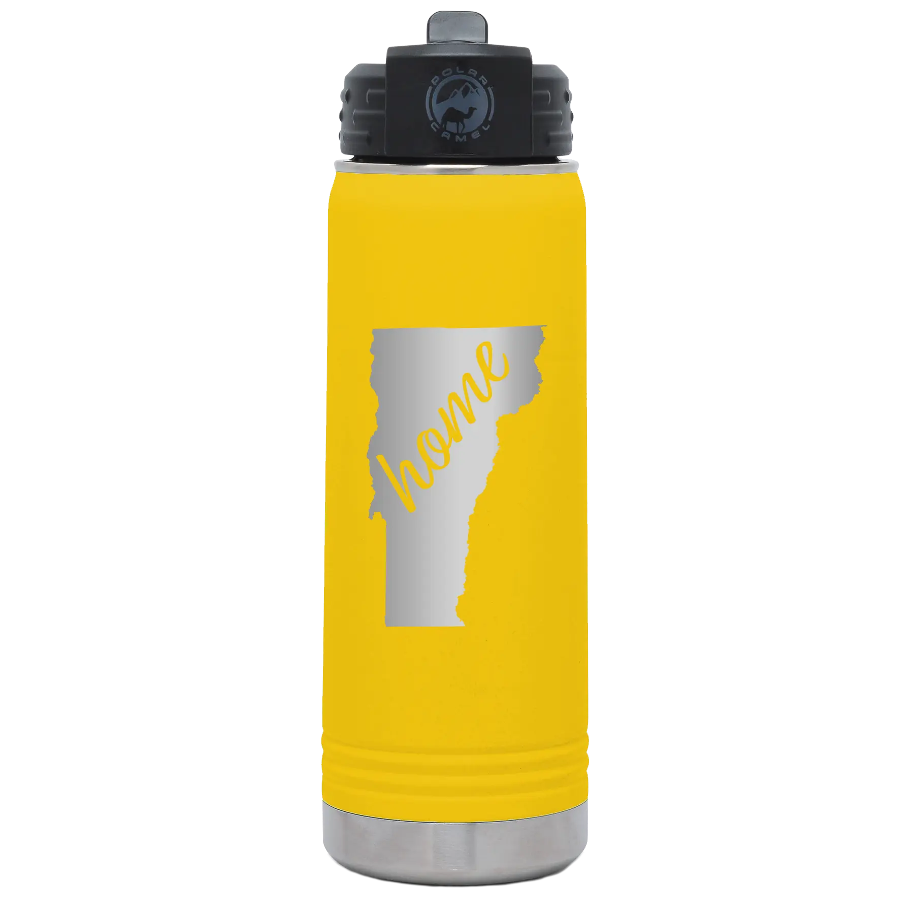 Laser etched yellow 20 oz vacuum insulated water bottle with 'Vermont Home' design