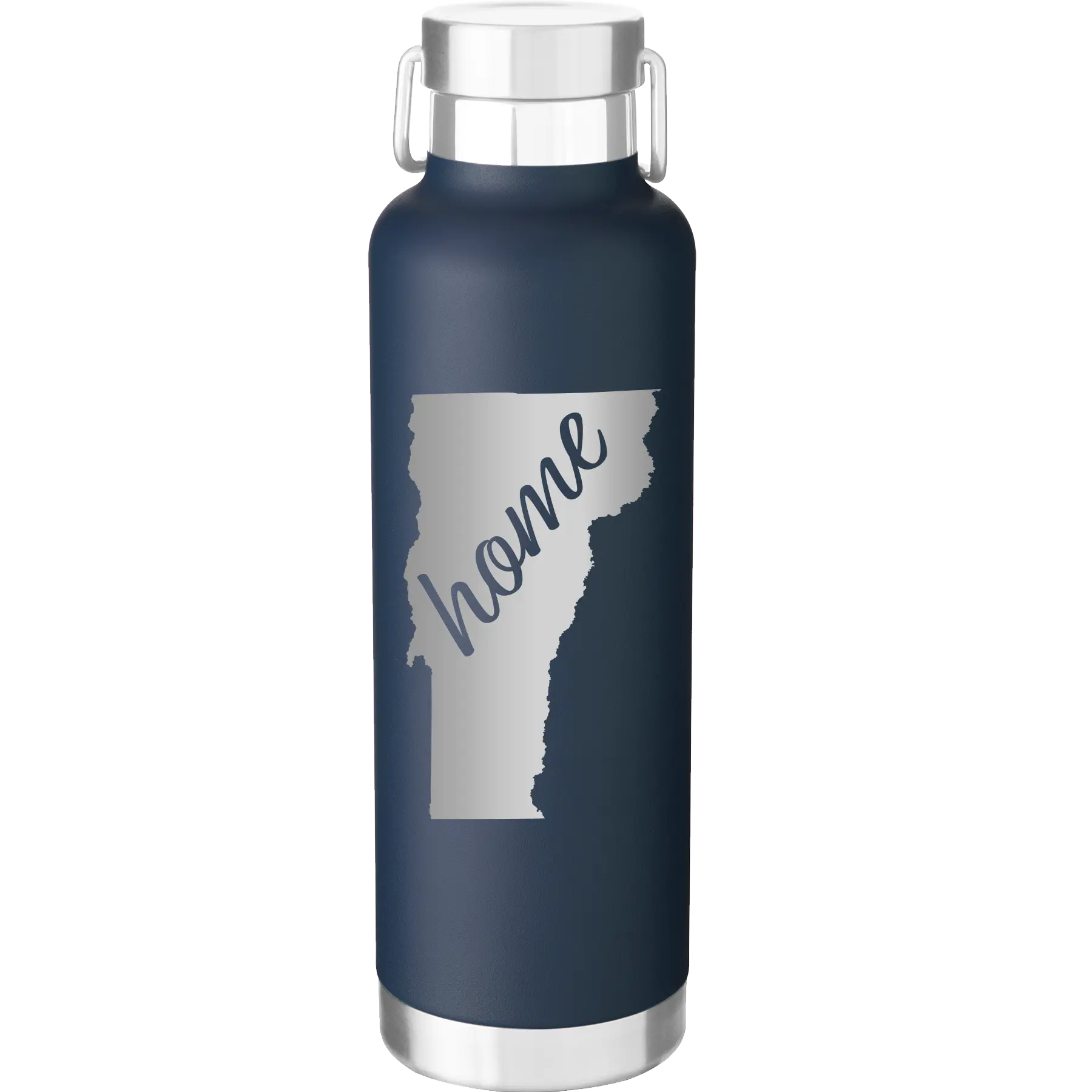 Laser etched navy 24 oz vacuum insulated water bottle with 'Vermont Home' design