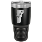 Laser etched black 30 oz vacuum insulated tumbler with 'Vermont Home' design