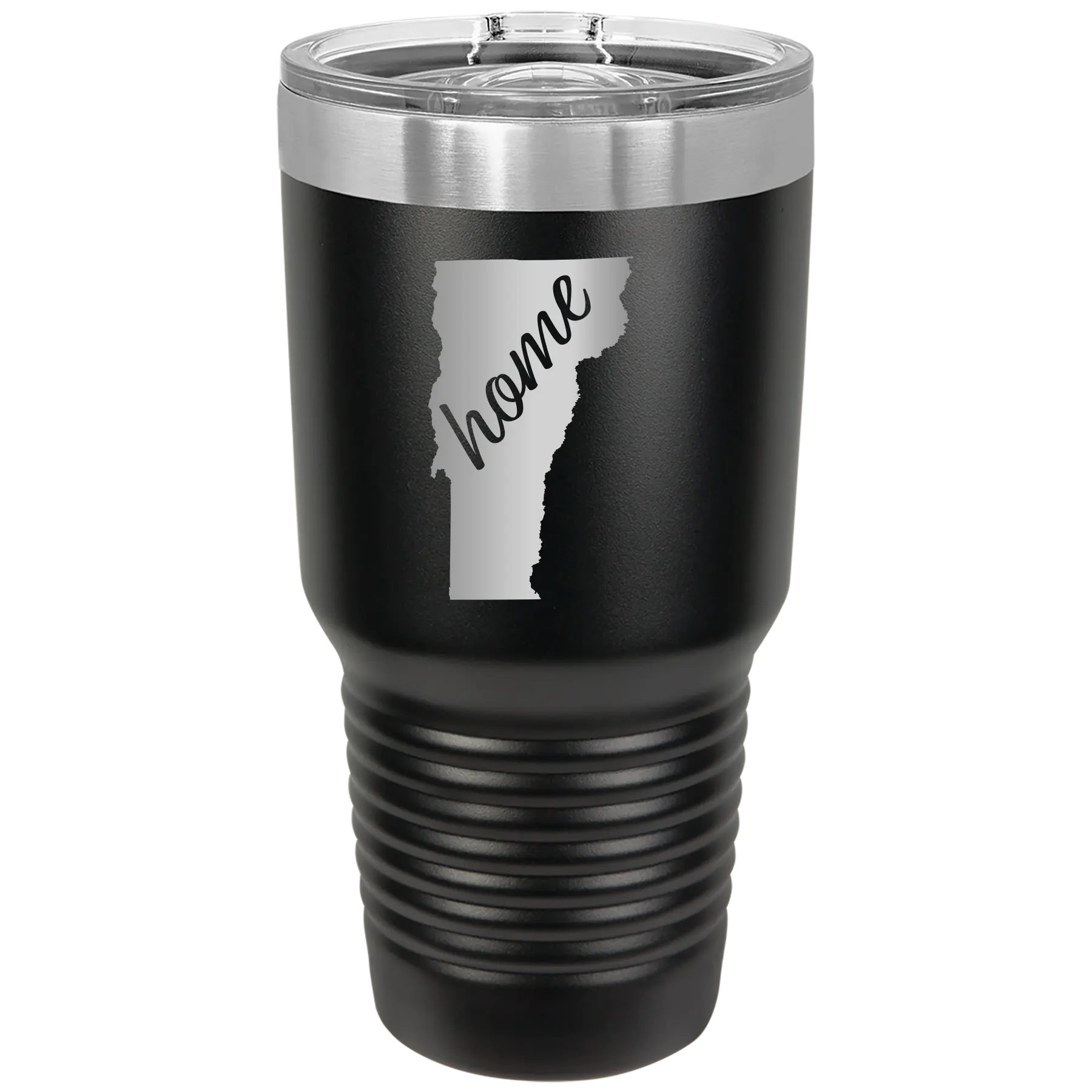 Laser etched black 30 oz vacuum insulated tumbler with 'Vermont Home' design