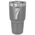 Laser etched dark gray 30 oz vacuum insulated tumbler with 'Vermont Home' design