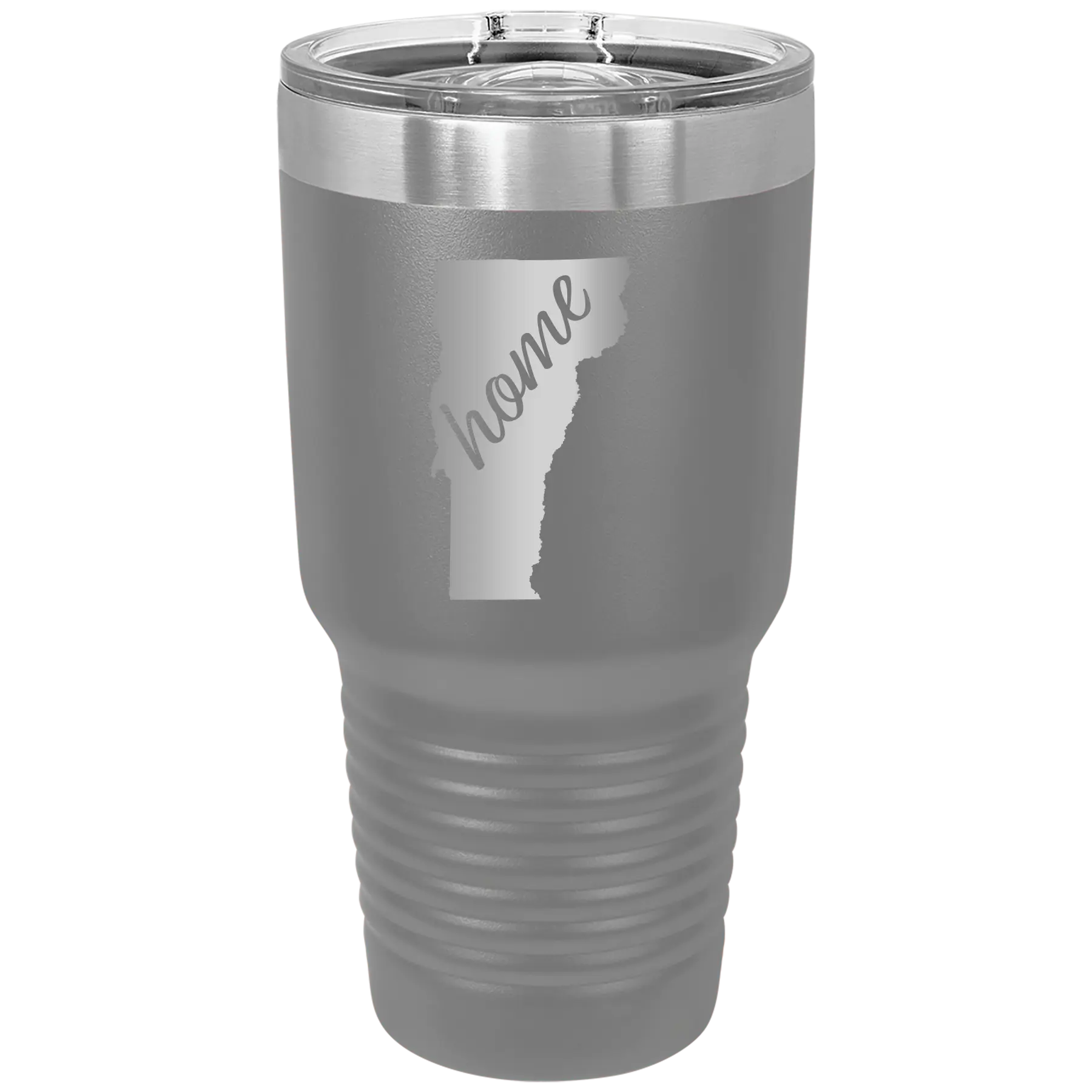 Laser etched dark gray 30 oz vacuum insulated tumbler with 'Vermont Home' design