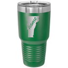 Laser etched green 30 oz vacuum insulated tumbler with 'Vermont Home' design