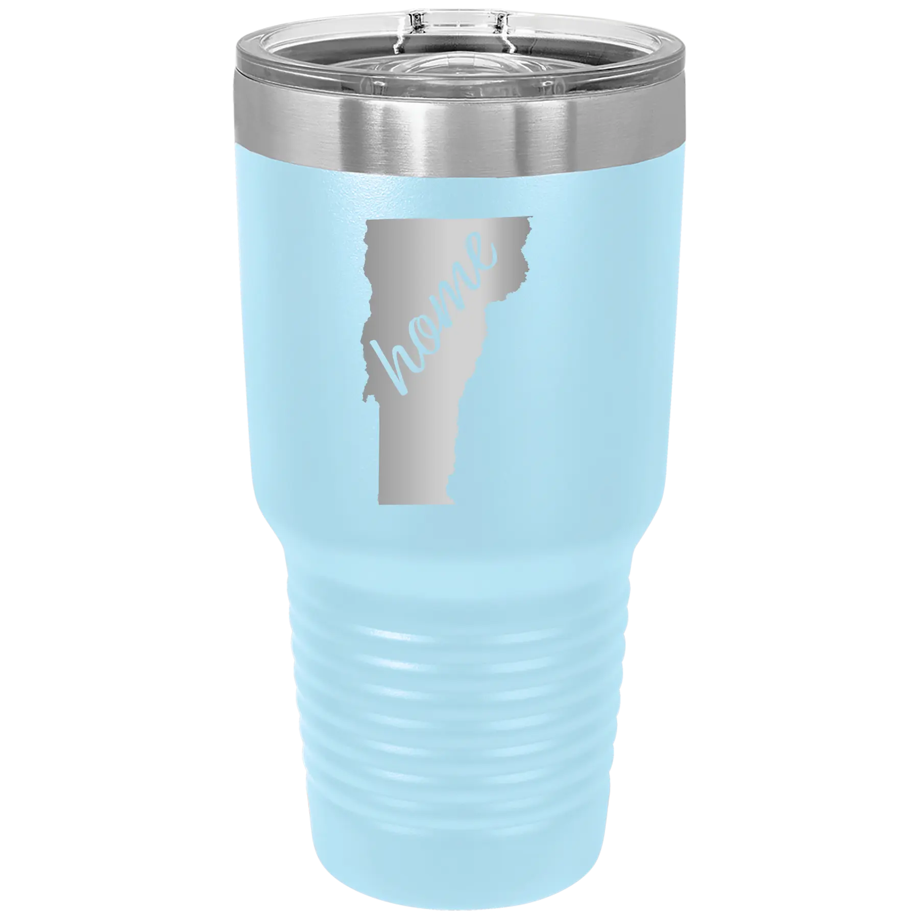 Laser etched light blue 30 oz vacuum insulated tumbler with 'Vermont Home' design