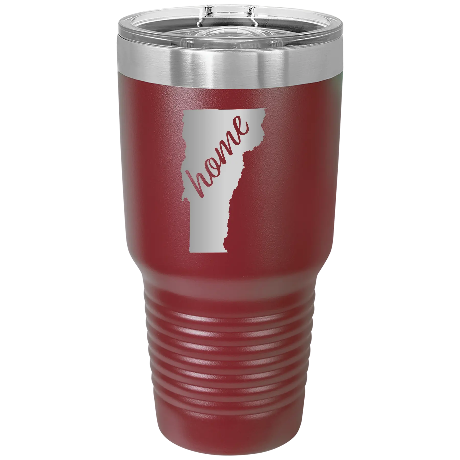 Laser etched maroon 30 oz vacuum insulated tumbler with 'Vermont Home' design