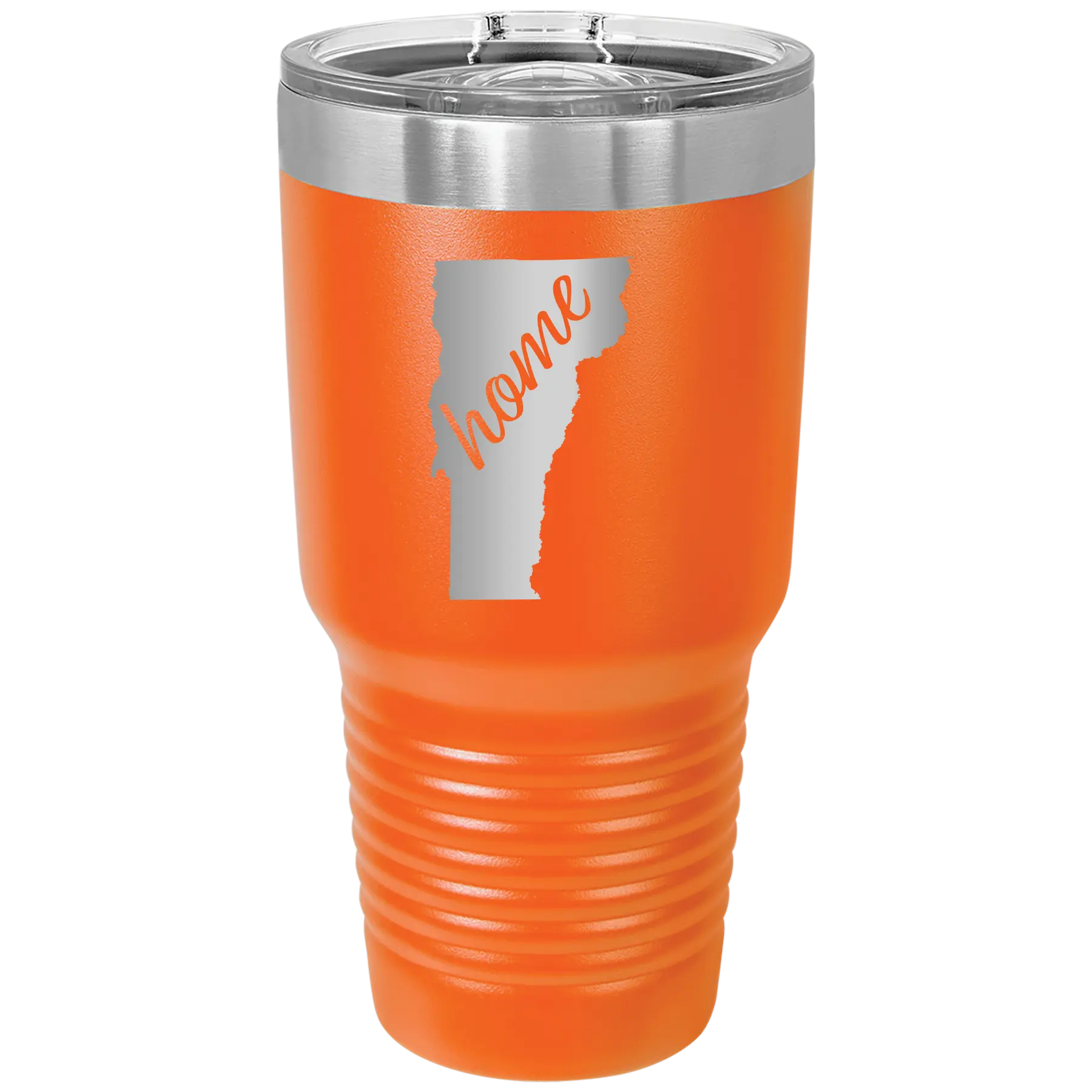Laser etched orange 30 oz vacuum insulated tumbler with 'Vermont Home' design