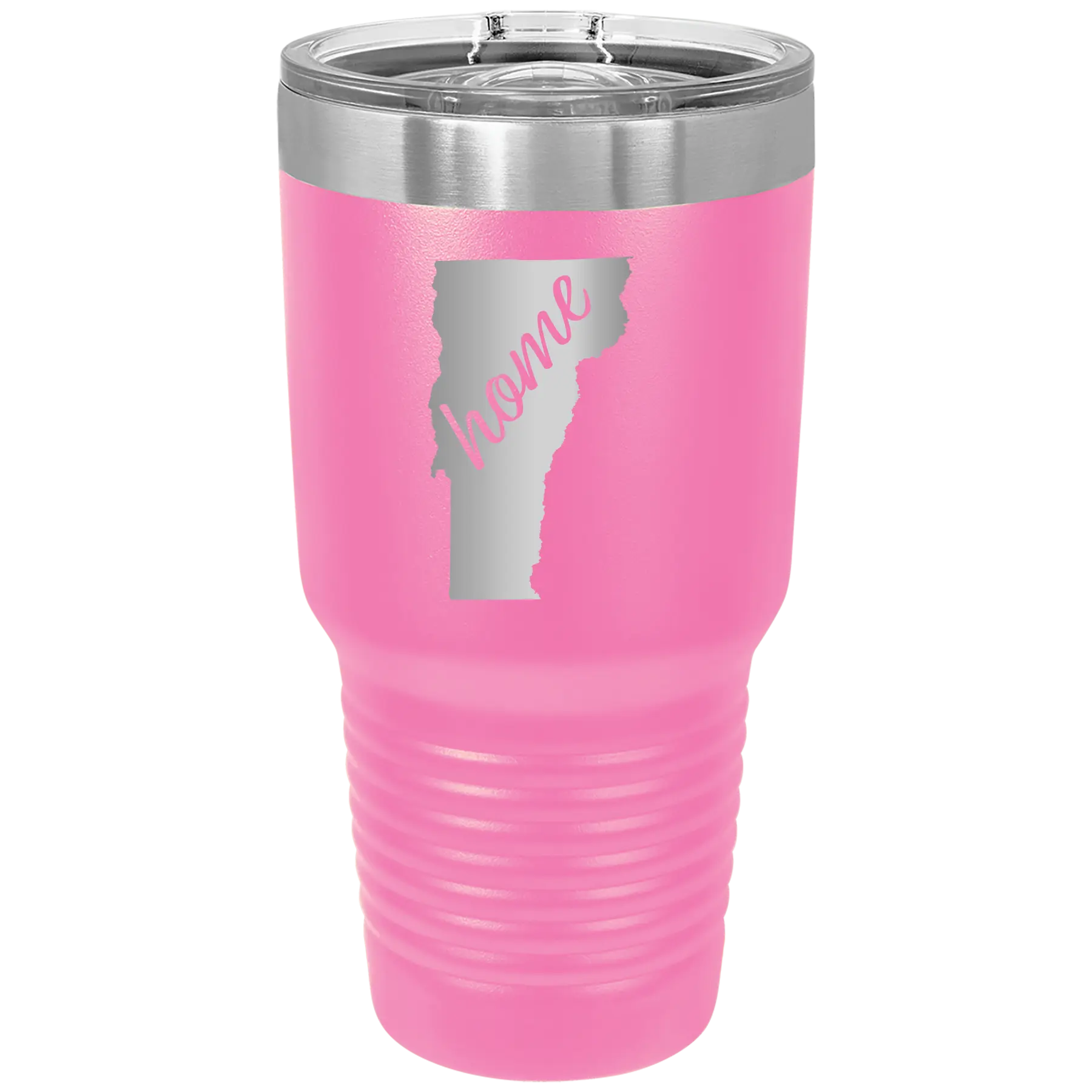 Laser etched pink 30 oz vacuum insulated tumbler with 'Vermont Home' design