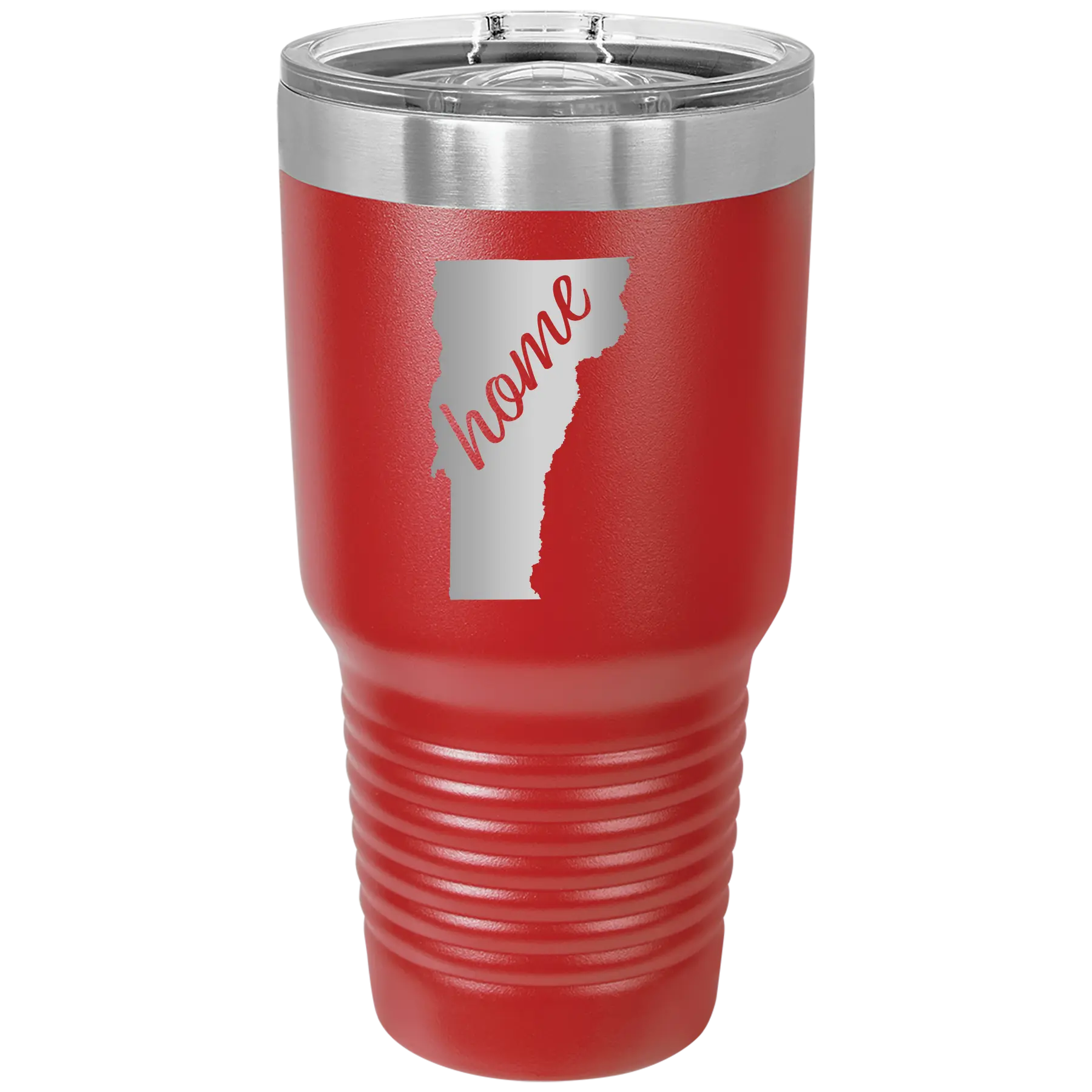 Laser etched red 30 oz vacuum insulated tumbler with 'Vermont Home' design
