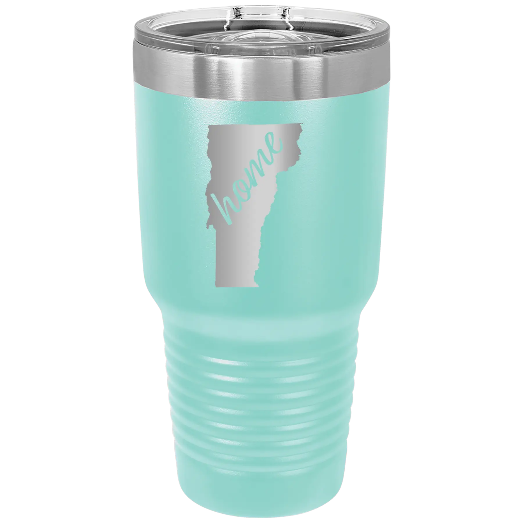 Laser etched teal 30 oz vacuum insulated tumbler with 'Vermont Home' design