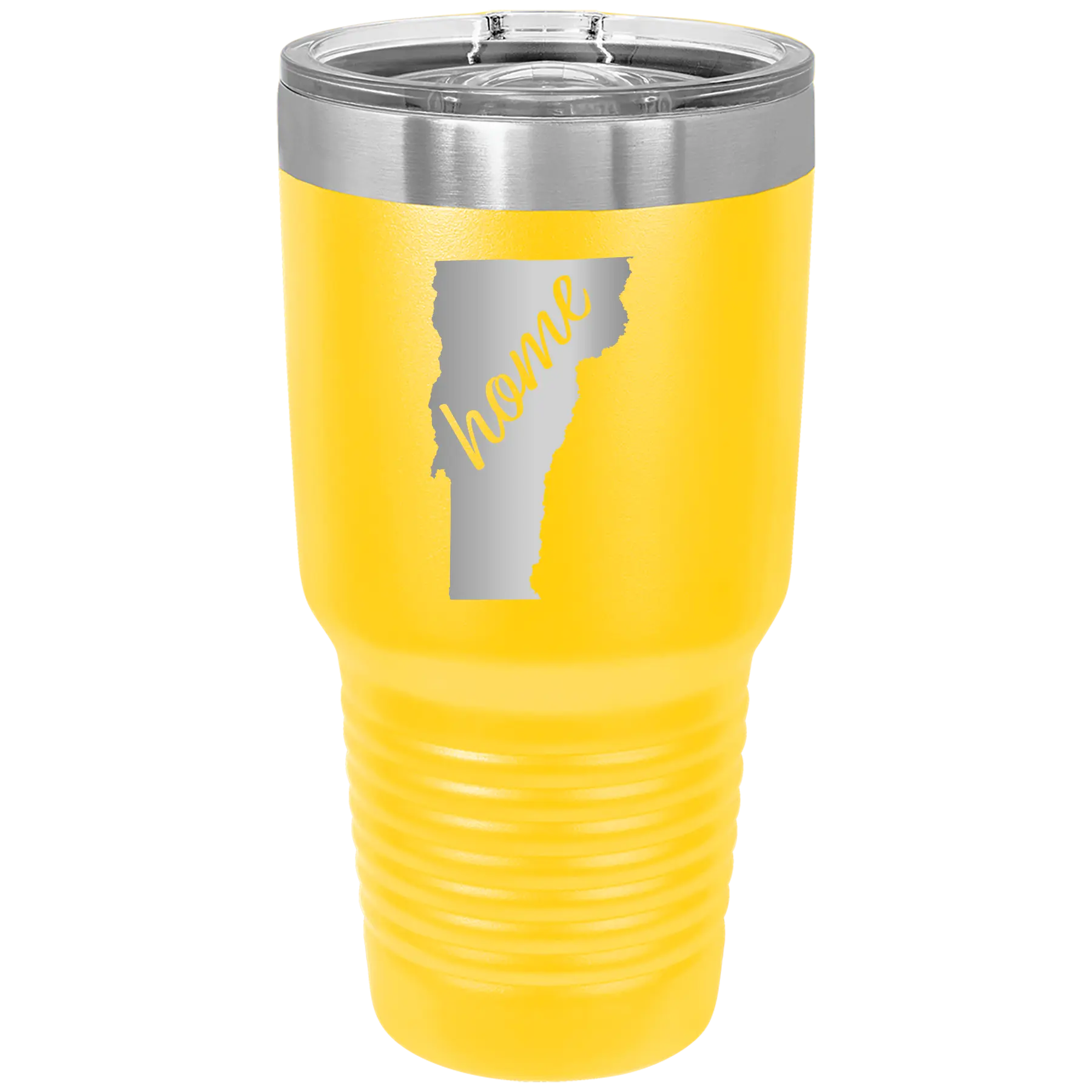Laser etched yellow 30 oz vacuum insulated tumbler with 'Vermont Home' design