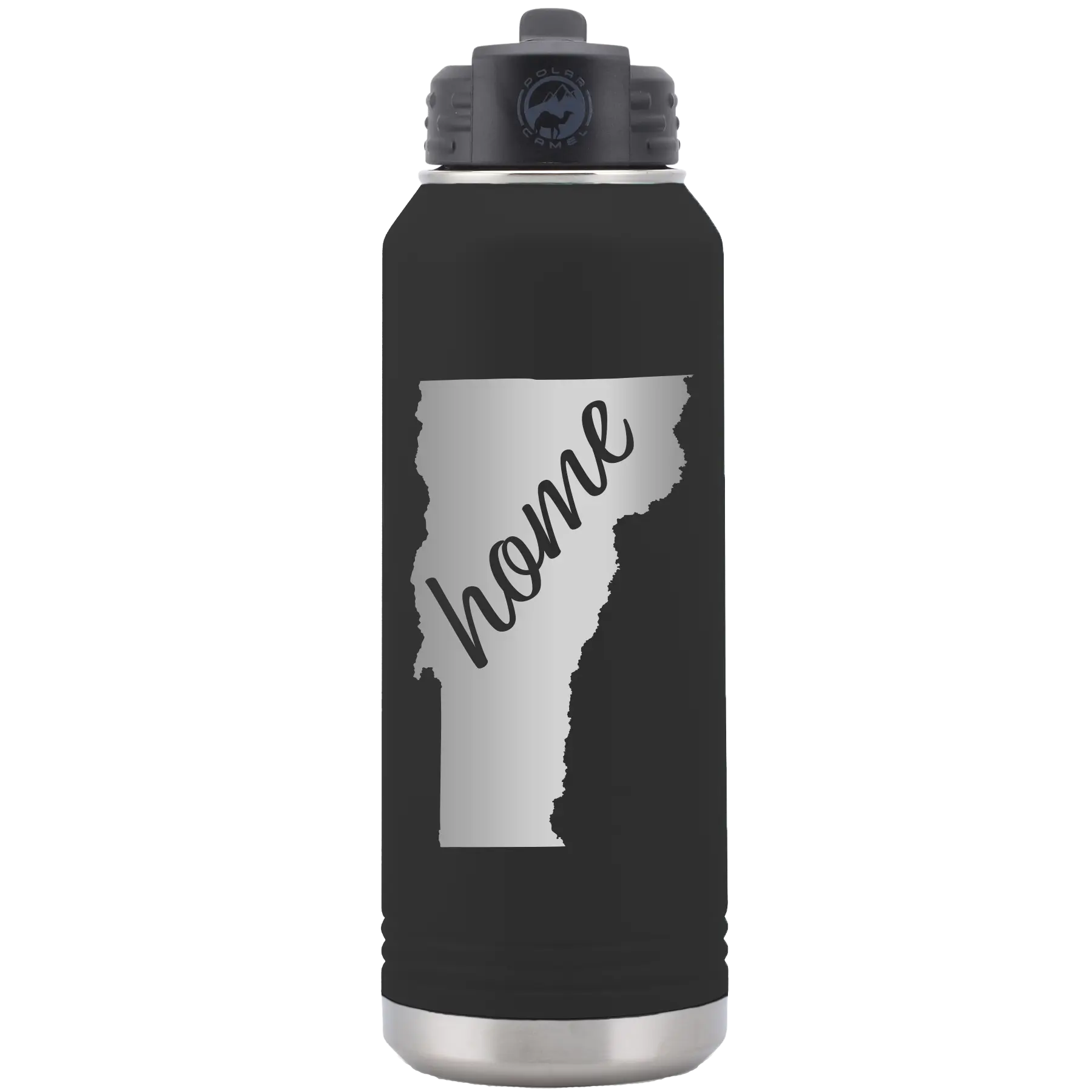 Laser etched black 32 oz vacuum insulated water bottle with 'Vermont Home' design