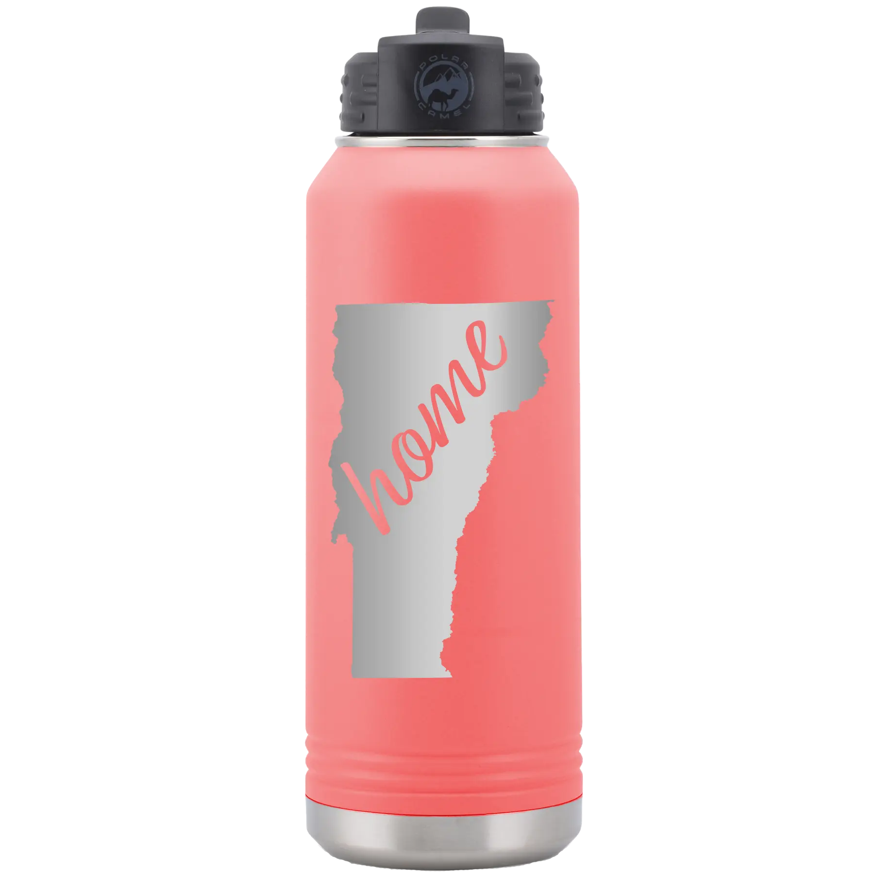 Laser etched coral 32 oz vacuum insulated water bottle with 'Vermont Home' design