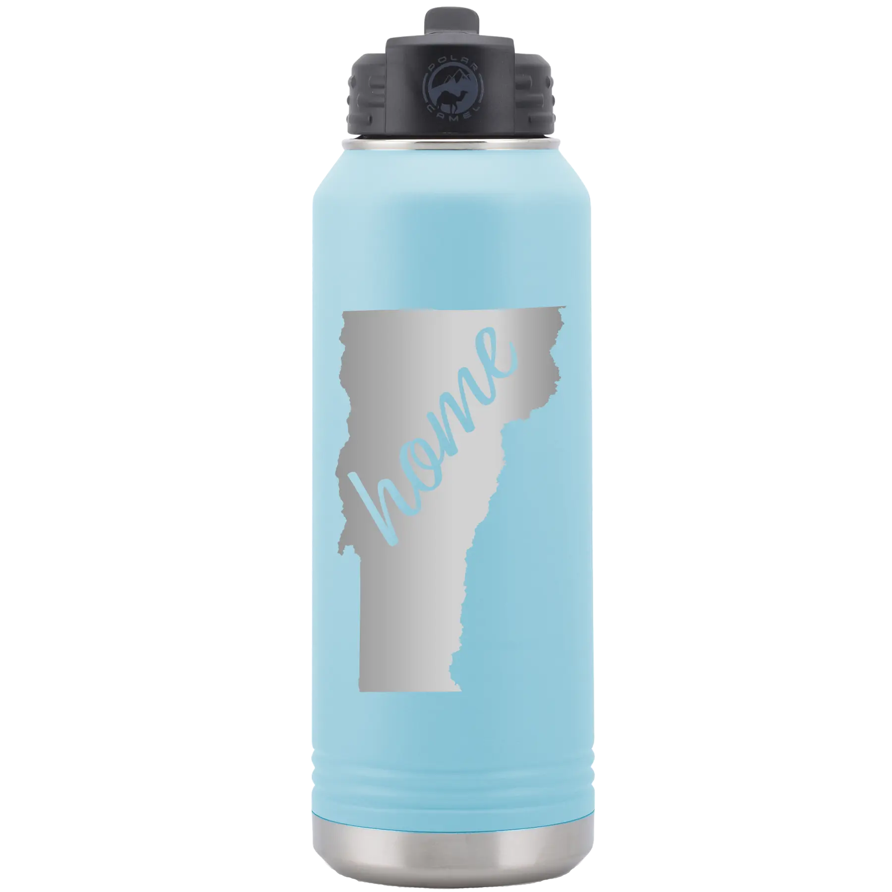 Laser etched light blue 32 oz vacuum insulated water bottle with 'Vermont Home' design