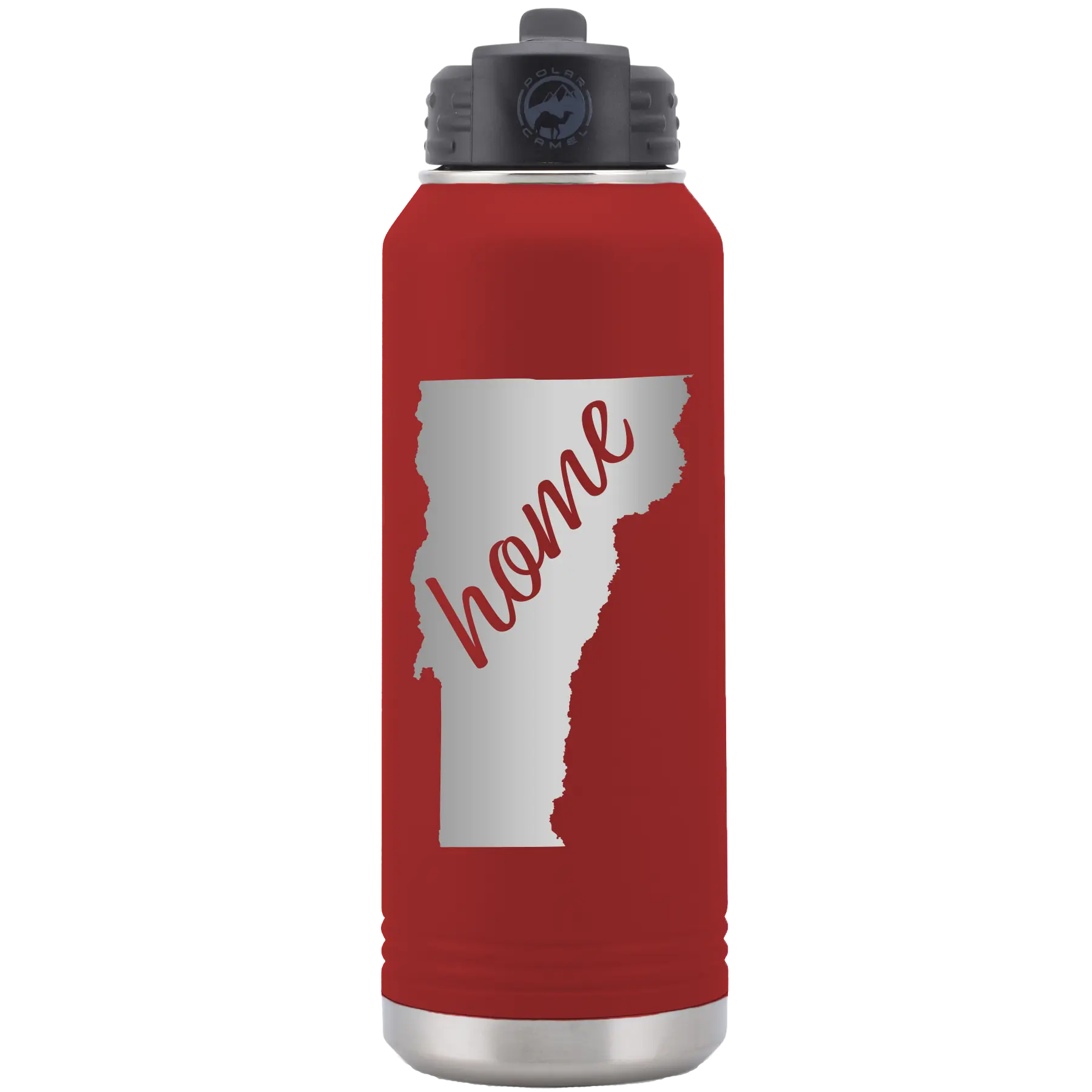 Laser etched maroon 32 oz vacuum insulated water bottle with 'Vermont Home' design