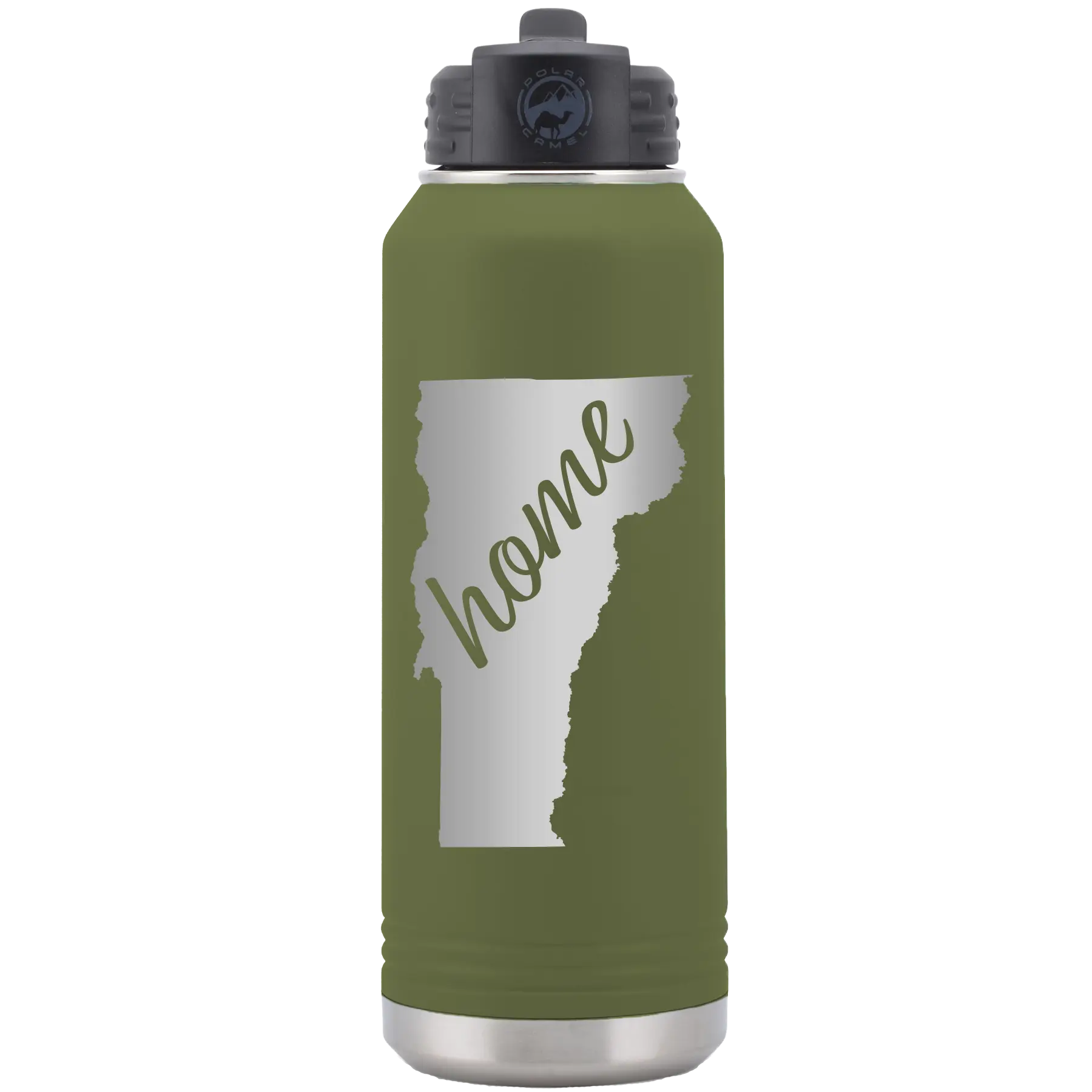 Laser etched olive green 32 oz vacuum insulated water bottle with 'Vermont Home' design