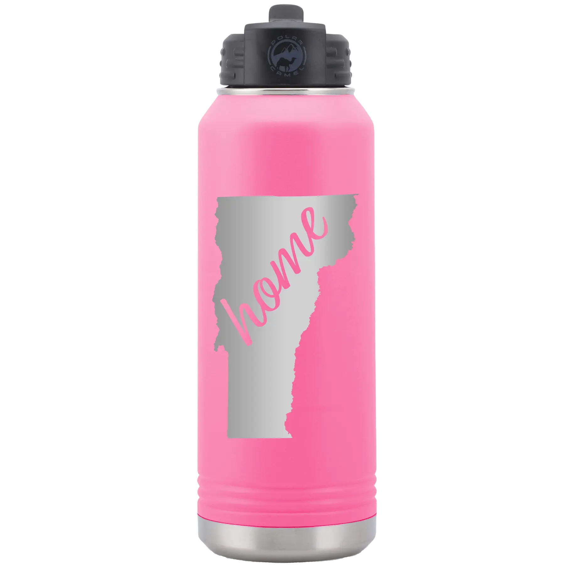 Laser etched pink 32 oz vacuum insulated water bottle with 'Vermont Home' design