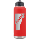 Laser etched red 32 oz vacuum insulated water bottle with 'Vermont Home' design