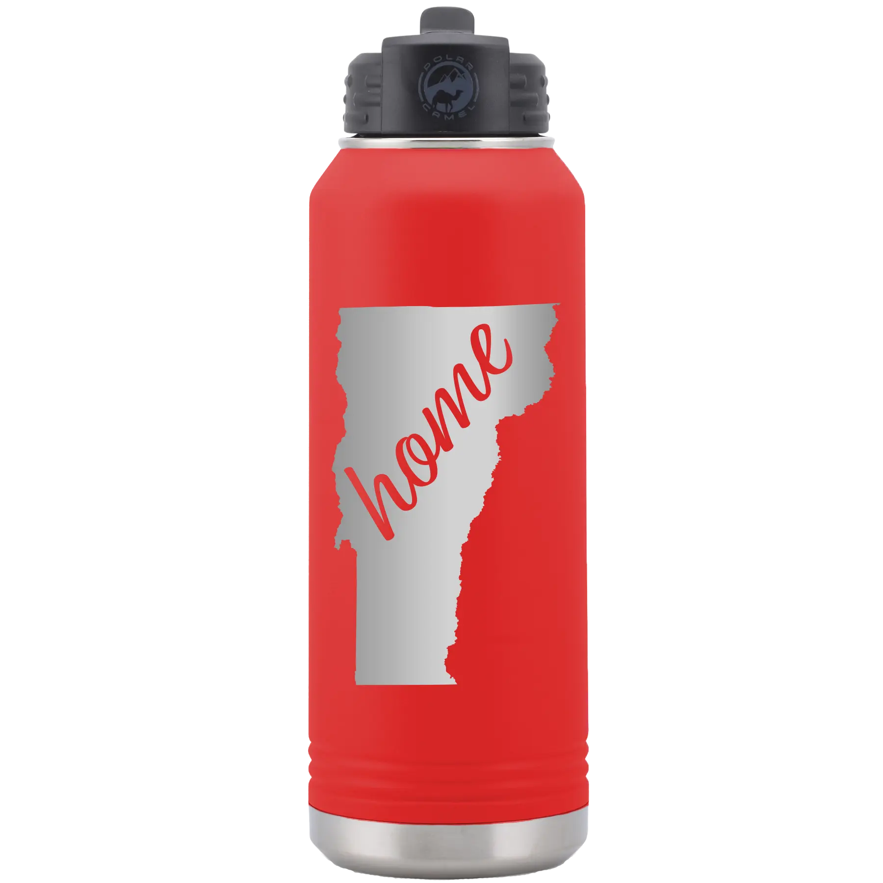 Laser etched red 32 oz vacuum insulated water bottle with 'Vermont Home' design