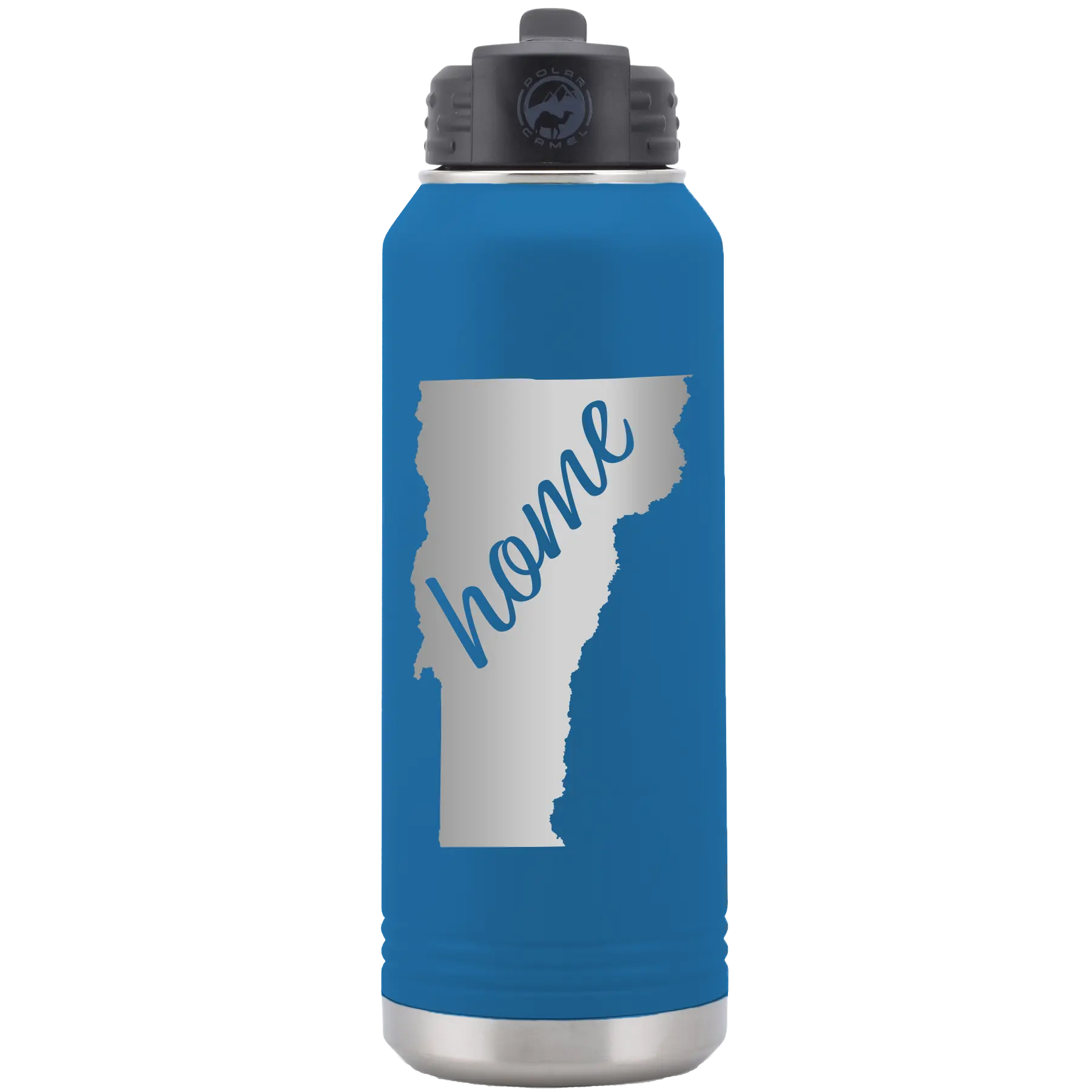 Laser etched royal blue 32 oz vacuum insulated water bottle with 'Vermont Home' design