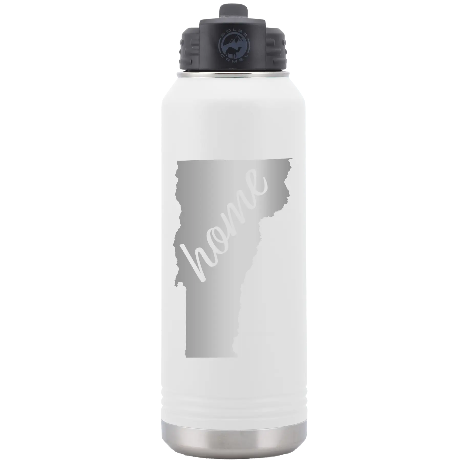 Laser etched white 32 oz vacuum insulated water bottle with 'Vermont Home' design
