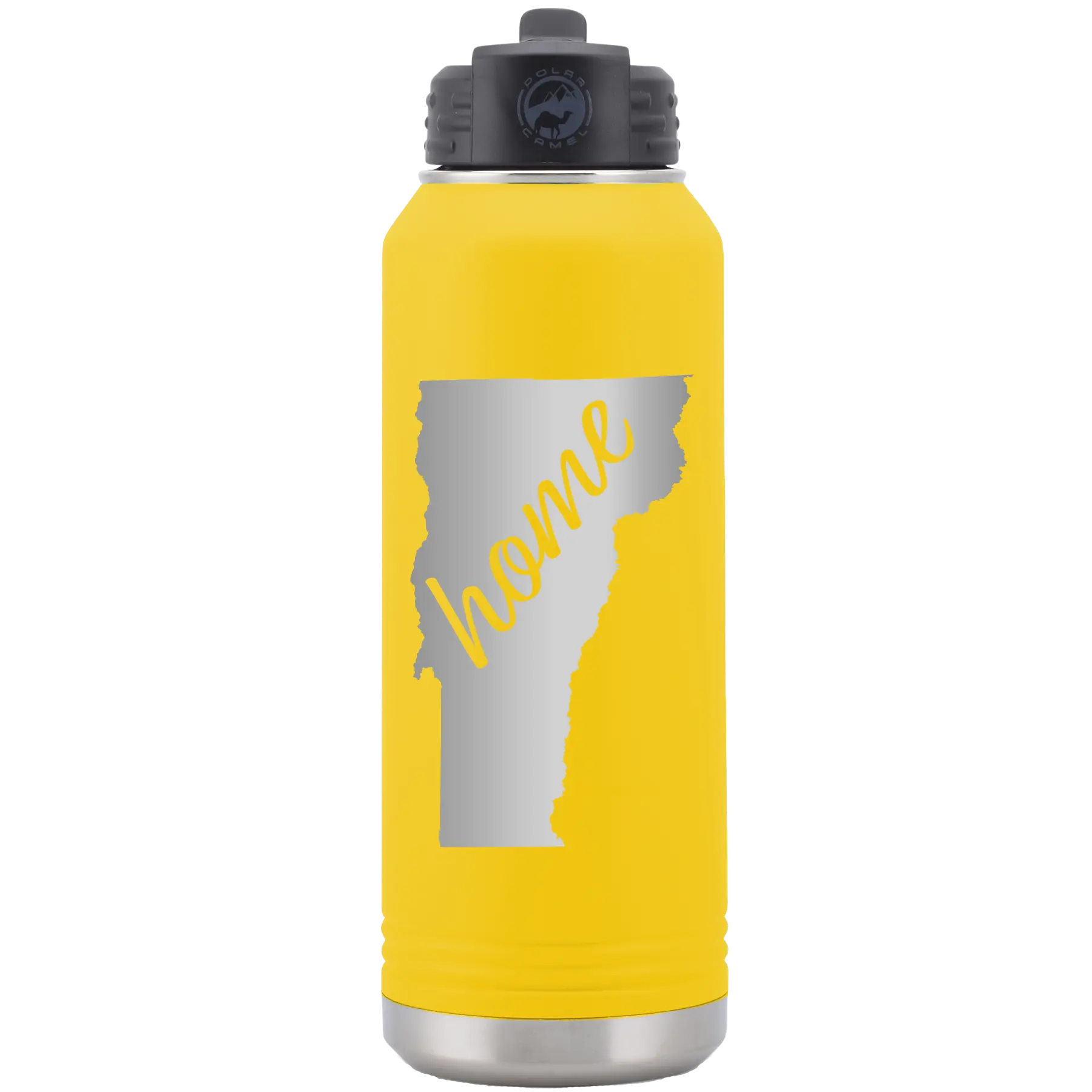 Laser etched yellow 32 oz vacuum insulated water bottle with 'Vermont Home' design