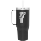 Laser etched black 40 oz vacuum insulated tumbler mug with 'Vermont Home' design
