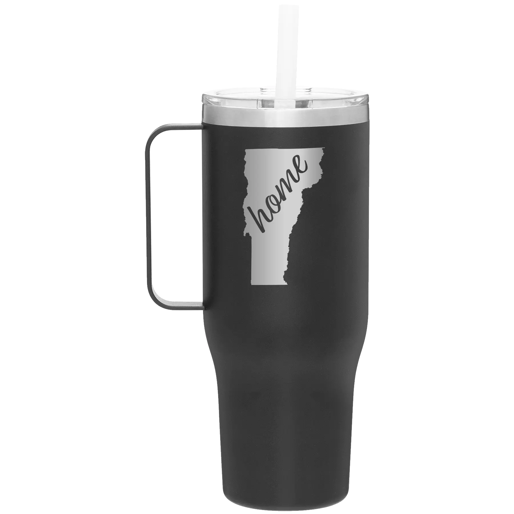 Laser etched black 40 oz vacuum insulated tumbler mug with 'Vermont Home' design