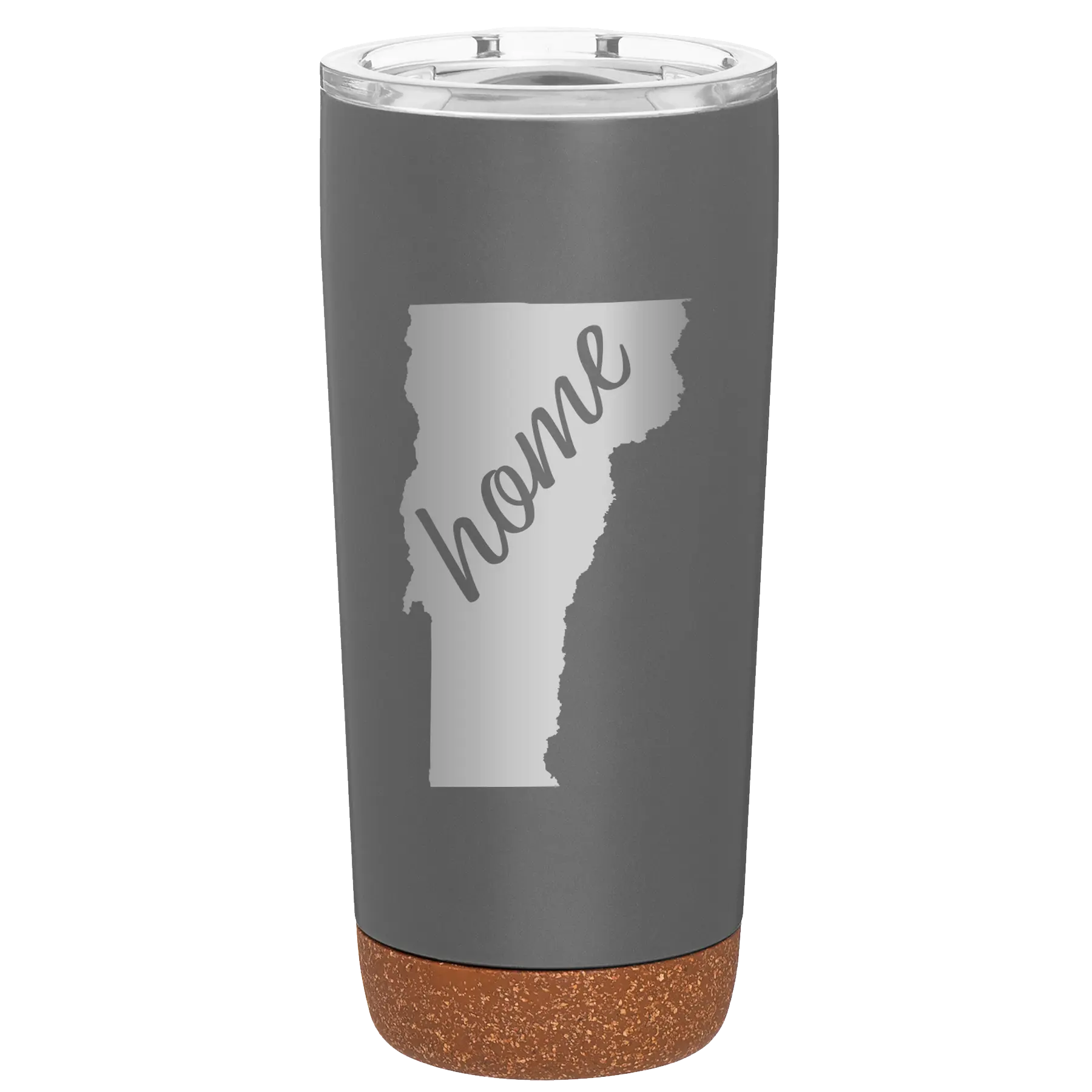 Laser etched storm gray 20 oz vacuum insulated tumbler with 'Vermont Home' design