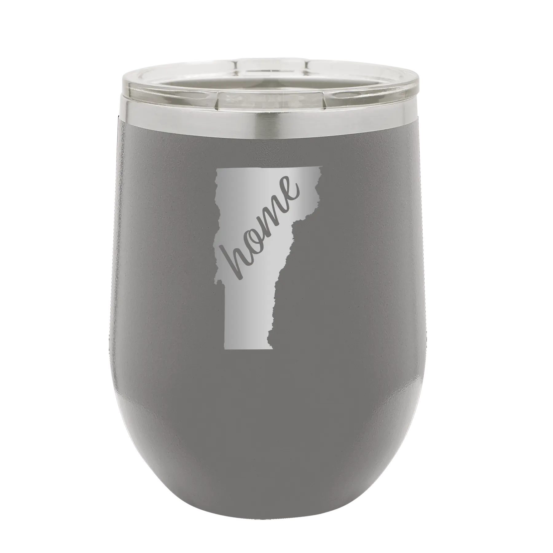 Laser etched dark gray 12 oz vacuum insulated wine cup with 'Vermont Home' design