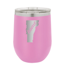 Laser etched light purple 12 oz vacuum insulated wine cup with 'Vermont Home' design