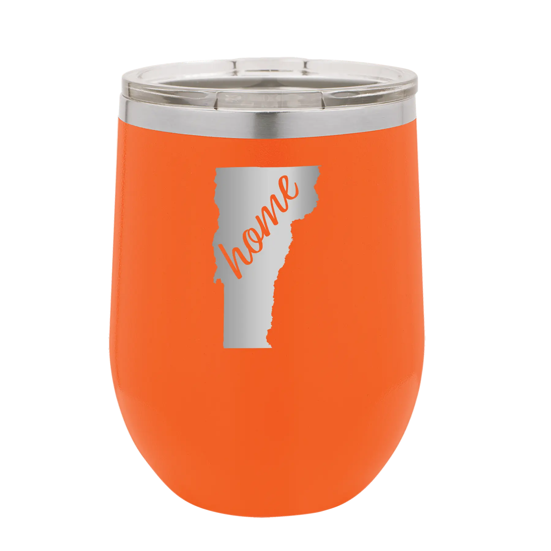 Laser etched orange 12 oz vacuum insulated wine cup with 'Vermont Home' design