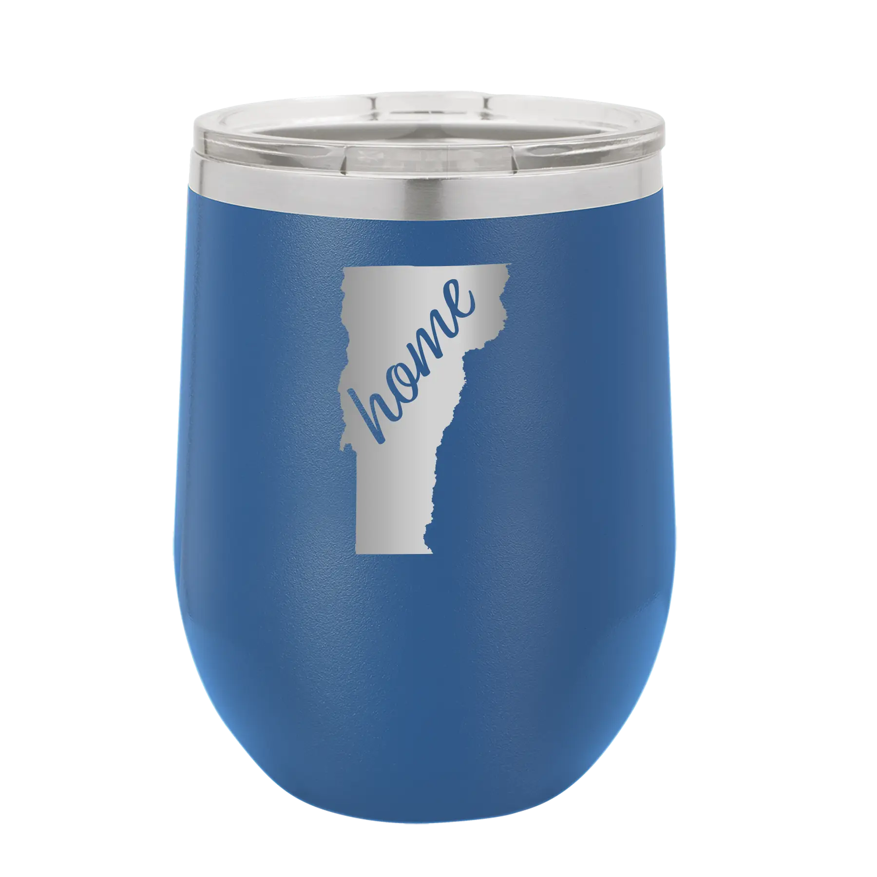 Laser etched royal blue 12 oz vacuum insulated wine cup with 'Vermont Home' design