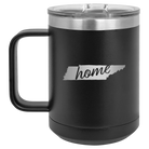 Laser etched black 15 oz vacuum insulated coffee mug with 'Tennessee Home' design