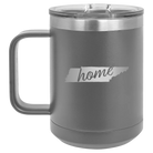 Laser etched dark gray 15 oz vacuum insulated coffee mug with 'Tennessee Home' design