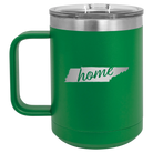 Laser etched green 15 oz vacuum insulated coffee mug with 'Tennessee Home' design