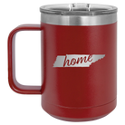 Laser etched maroon 15 oz vacuum insulated coffee mug with 'Tennessee Home' design