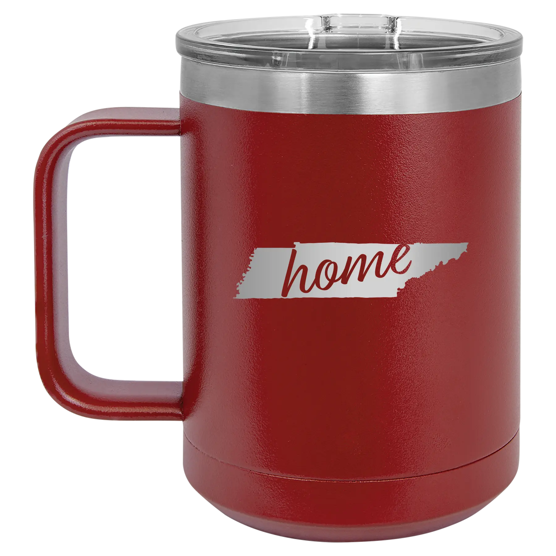Laser etched maroon 15 oz vacuum insulated coffee mug with 'Tennessee Home' design